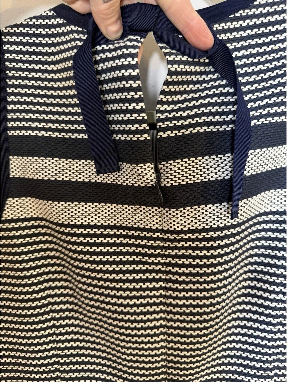 J Crew Textured Tweed Striped Sheath Dress Sleeveless Navy White Back Tie 4 Work